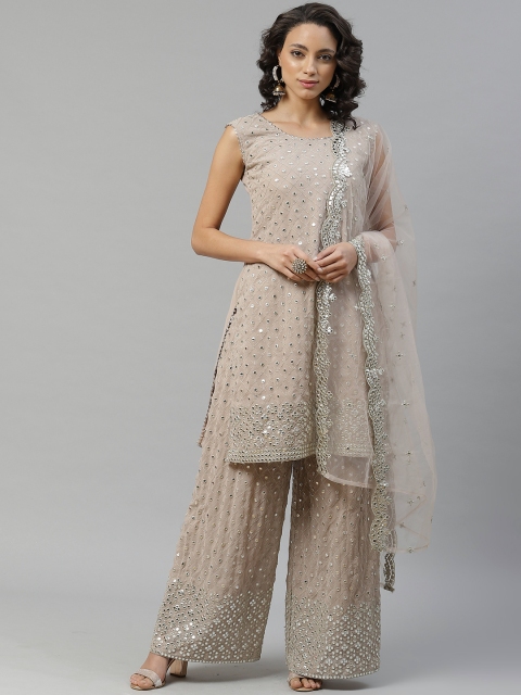 

Chhabra 555 Women Beige & Silver Embroidered Made To Measure Kurta with Palazzos & Dupatta