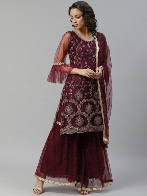 

Chhabra 555 Women Burgundy & Golden Made to Measure Embroidered Kurta & Sharara & Dupatta
