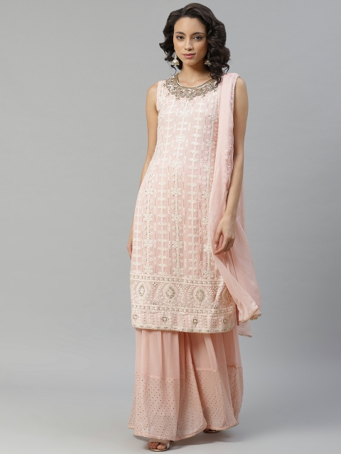

Chhabra 555 Women Peach & Off-White Made to Measure Chikankari Embroidered Kurta Set
