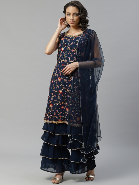 

Chhabra 555 Women Navy Blue & Red Embroidered Made to Measure Kurta with Sharara & Dupatta