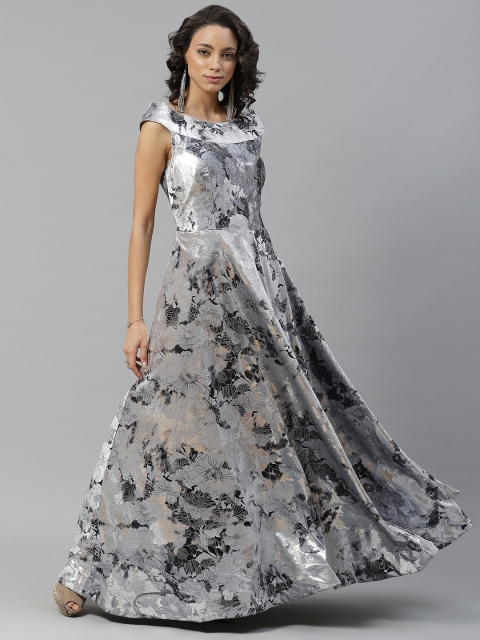 

Chhabra 555 Women Silver & Black Printed Satin Finish Made to Measure Cocktail Gown