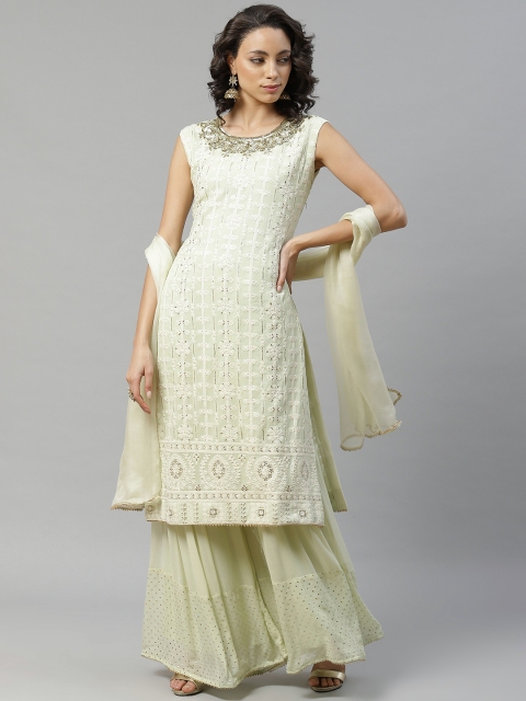 

Chhabra 555 Women Off-White & Green Embroidered Made to Measure Kurta & Sharara & Dupatta