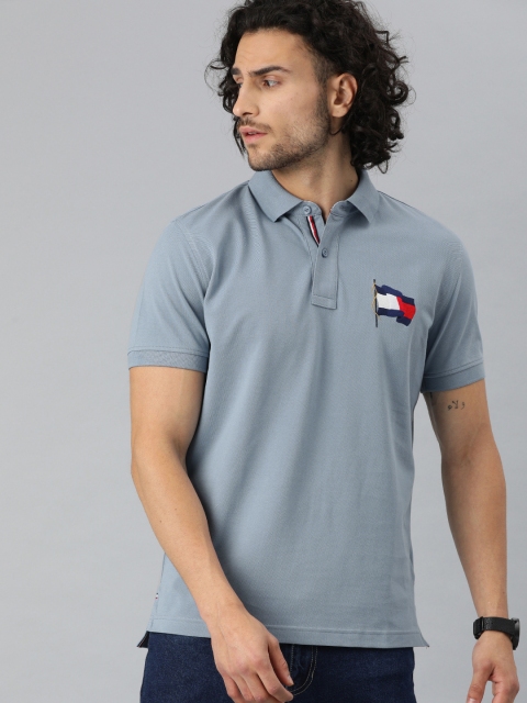 

Tommy Hilfiger Men Blue Solid Polo Collar T-shirt with Embroidery