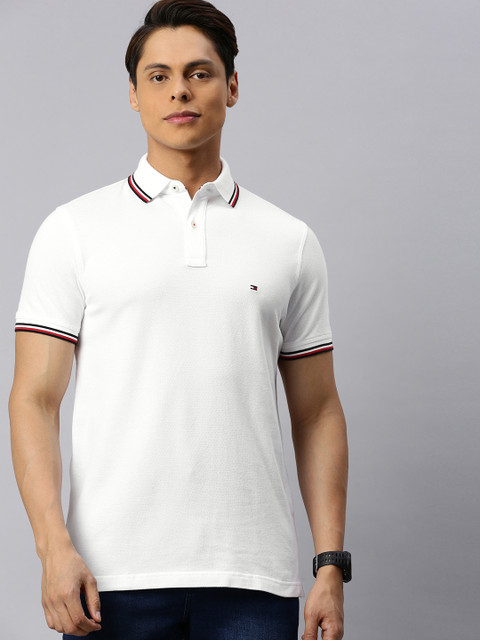 

Tommy Hilfiger Men White Slim Fit Solid Polo Collar Pure Cotton T-shirt