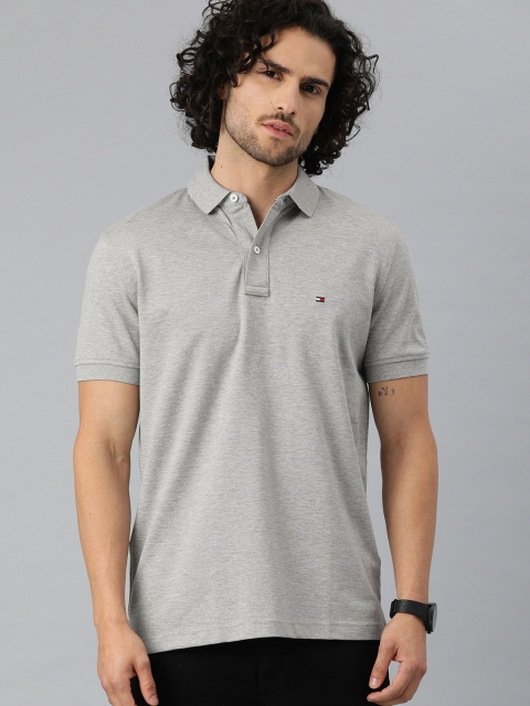 

Tommy Hilfiger Men Grey Solid Polo Collar Pure Cotton T-shirt
