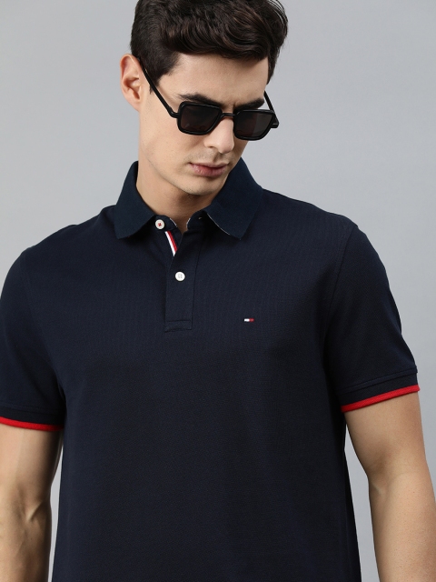 

Tommy Hilfiger Men Navy Blue Solid Pure Cotton Polo Collar T-shirt