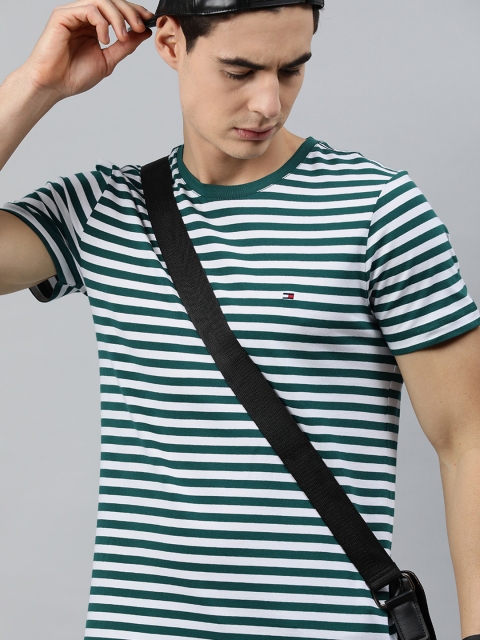 

Tommy Hilfiger Men Green Striped Cotton Round Neck T-shirt