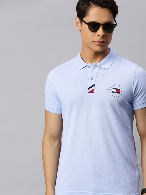 

Tommy Hilfiger Men Blue Printed Slim Fit Pure Cotton Polo Collar T-shirt