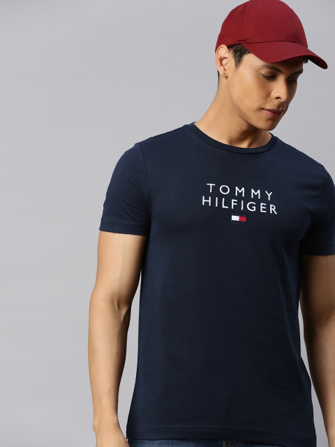 

Tommy Hilfiger Men Navy Pure Cotton Solid Round Neck T-shirt, Navy blue