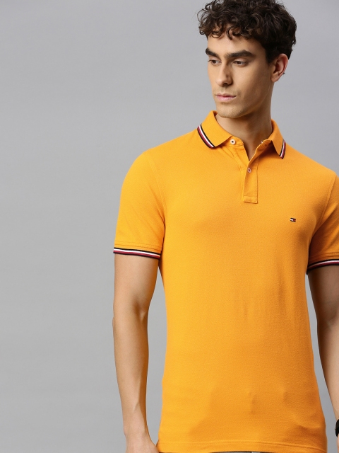 

Tommy Hilfiger Men Mustard Yellow Slim Fit Solid Polo Collar Pure Cotton Organic Cotton T-shirt