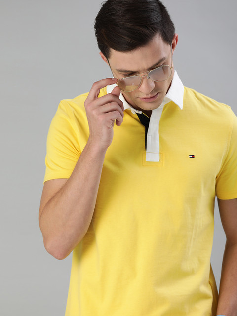 

Tommy Hilfiger Men Yellow Solid EISNER RUGBY Polo Collar Pure Cotton T-shirt