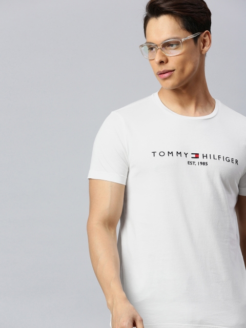 

Tommy Hilfiger Men White Black Brand Logo Embroidered Round Neck Pure Cotton T-shirt