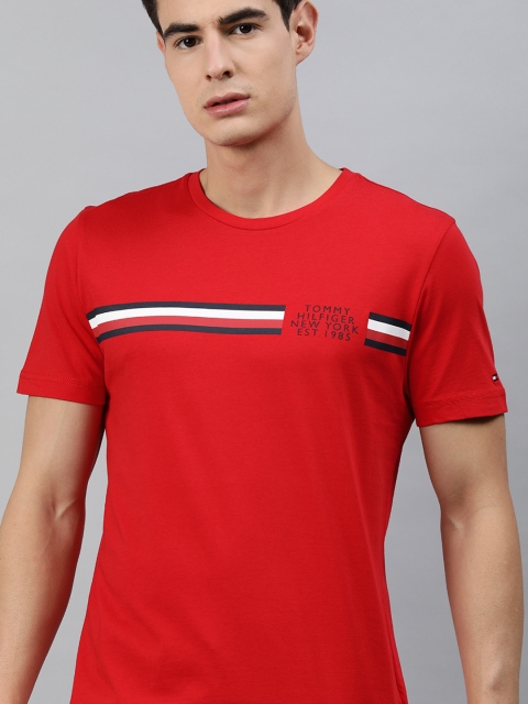 

Tommy Hilfiger Men Red Brand Logo Printed Round Neck Pure Cotton T-shirt