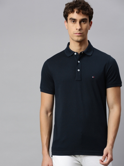 

Tommy Hilfiger Men Navy Blue Solid Polo Collar Pure Cotton T-shirt