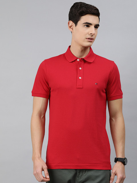 

Tommy Hilfiger Men Red Solid Polo Collar Pure Cotton T-shirt
