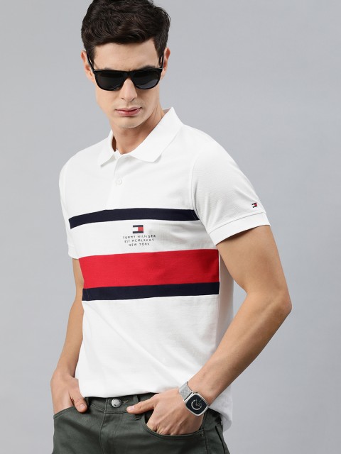 

Tommy Hilfiger Men White Striped Pure Cotton Polo Collar T-shirt