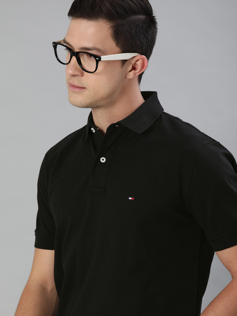 

Tommy Hilfiger Men Black Solid Polo Collar Pure Cotton T-shirt