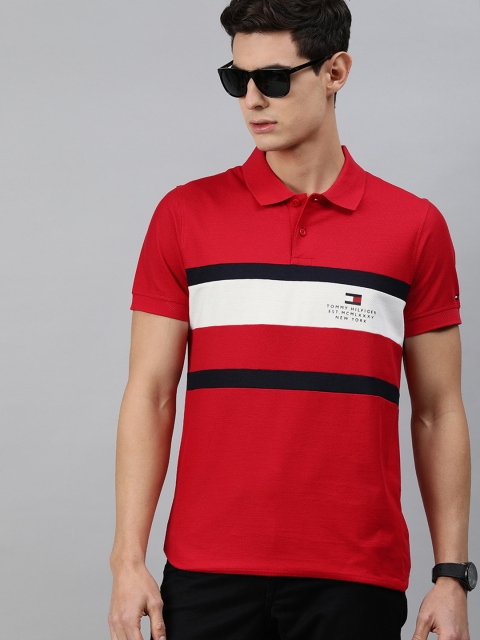 

Tommy Hilfiger Men Red & White Pure Cotton Slim Fit Striped Polo Collar T-shirt