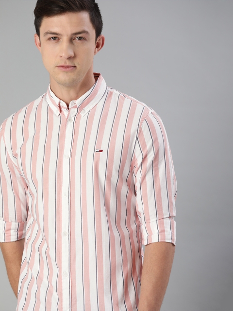 

Tommy Hilfiger Men White & Pink Slim Fit Striped Pure Cotton Casual Shirt
