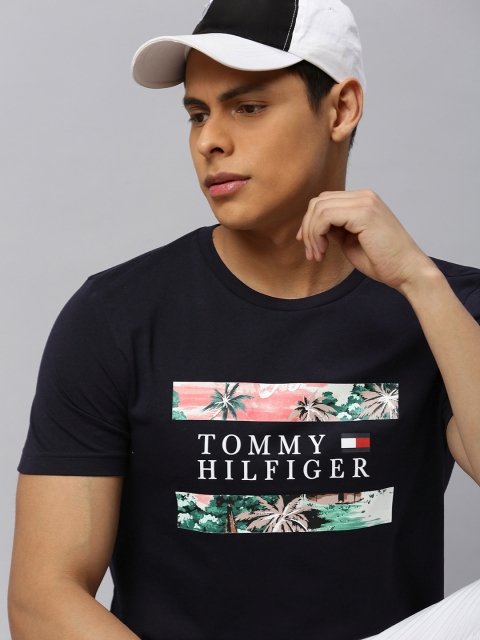 

Tommy Hilfiger Men Navy Blue Printed Polo Collar Pure Cotton T-shirt