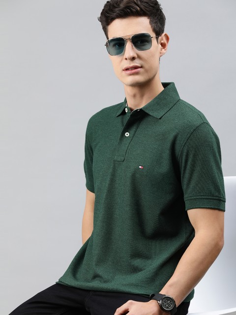 

Tommy Hilfiger Men Green Solid Pure Cotton Polo Collar T-shirt