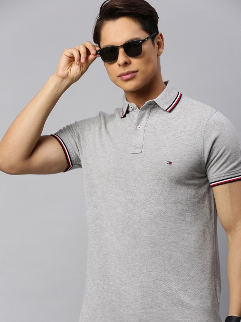 

Tommy Hilfiger Men Grey Solid Pure Cotton Slim Fit Polo Collar Pure Cotton T-shirt