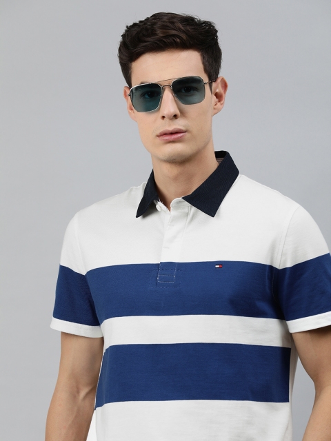 

Tommy Hilfiger Men White & Blue Striped HOLLY CF SS Polo Collar Pure Cotton T-shirt