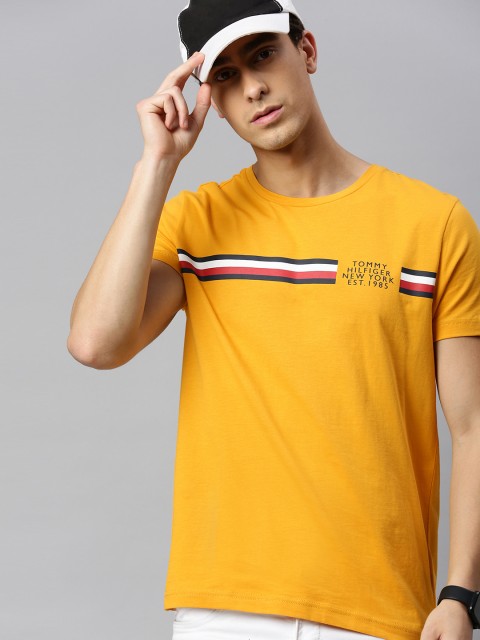 

Tommy Hilfiger Men Mustard Yellow Printed Round Neck Pure Cotton T-shirt