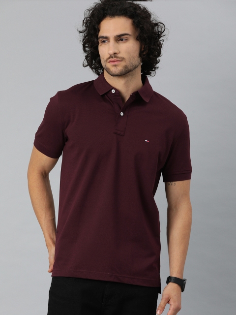 

Tommy Hilfiger Men Burgundy Solid Polo Collar Pure Cotton T-shirt