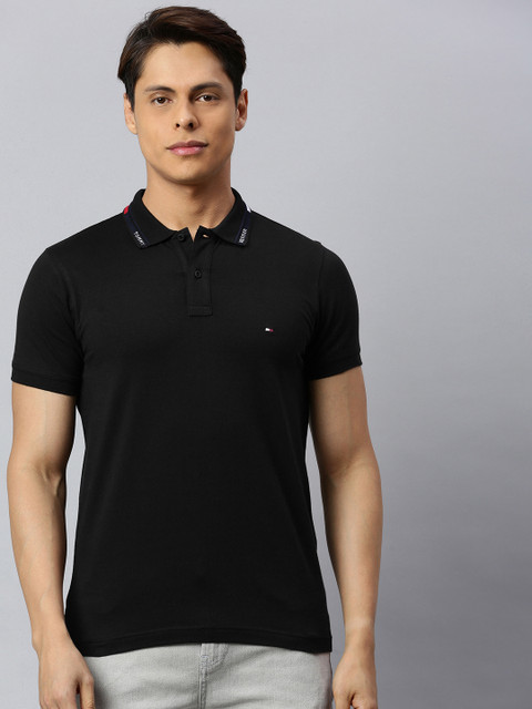 

Tommy Hilfiger Men Black Solid Regular Fit Polo Collar T-shirt