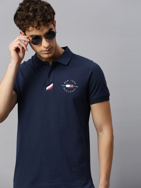 

Tommy Hilfiger Men Navy Blue Slim Fit Solid Polo Collar Organic Cotton T-shirt with Logo