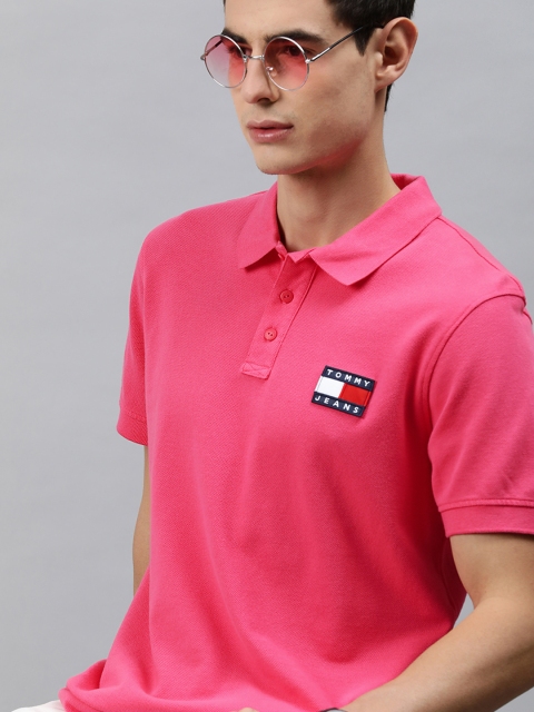 

Tommy Hilfiger Men Pink Solid Pure Cotton Polo Collar T-shirt