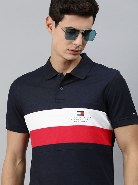 

Tommy Hilfiger Men Navy Blue & White Striped Pure Cotton Polo Collar T-shirt