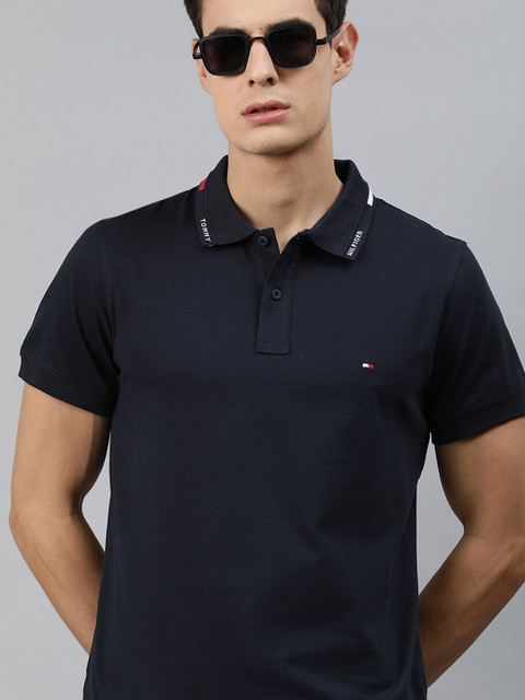 

Tommy Hilfiger Men Navy Blue Solid Polo Collar T-shirt