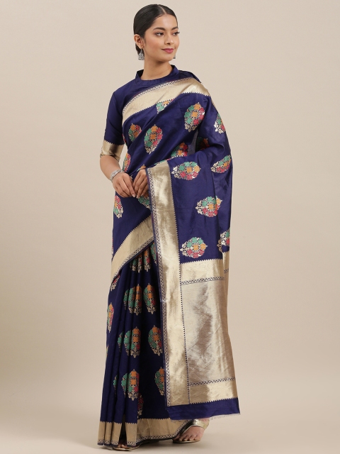 

Mitera Navy Blue & Gold-Toned Silk Blend Woven Design Banarasi Saree