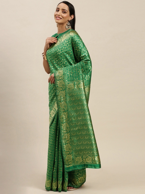 

Mitera Green & Gold-Toned Silk Blend Woven Design Banarasi Saree