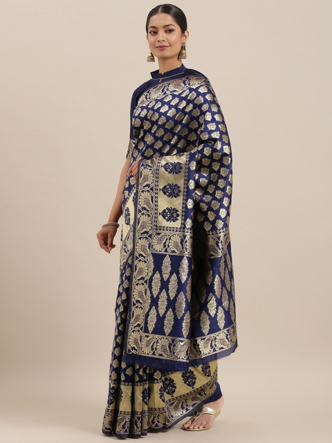 

Mitera Navy Blue & Gold-Toned Pure Silk Woven Design Banarasi Saree