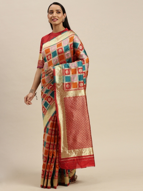 

Mitera Orange & Multicoloured Checked Banarasi Saree