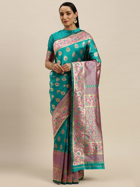 

Mitera Teal Green & Pink Woven Design Banarasi Celebrity Saree