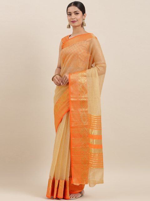 

Mitera Beige & Orange Pure Cotton Self-Checked Banarasi Celebrity Saree