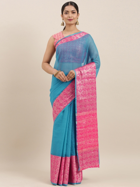 

Mitera Turquoise Blue & Pink Pure Cotton Self-Checked Banarasi Celebrity Saree