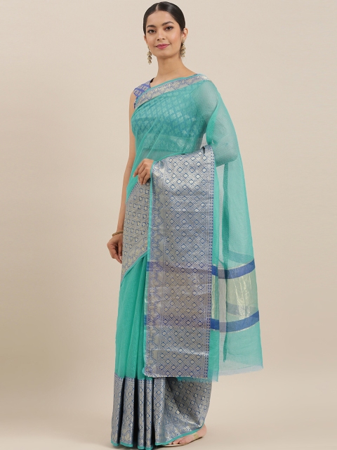 

Mitera Turquoise Blue Pure Cotton Self-Checked Banarasi Celebrity Saree