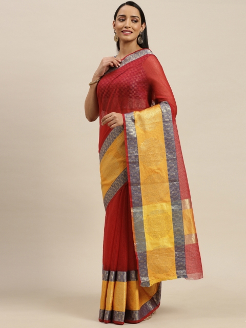 

Mitera Red Pure Cotton Checked Banarasi Saree