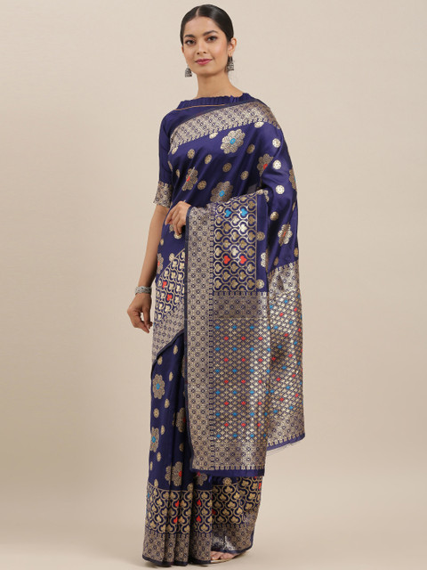 

Mitera Navy Blue & Golden Silk Blend Woven Design Banarasi Saree