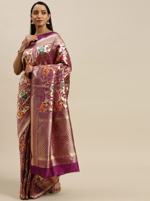 

Mitera Magenta Pink & Gold-Toned Silk Blend Woven Design Banarasi Saree