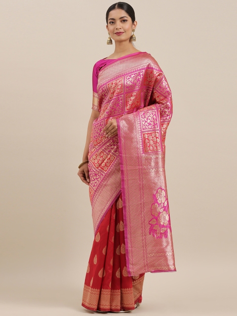 

Mitera Pink & Red Silk Blend Woven Design Half and Half Banarasi Saree