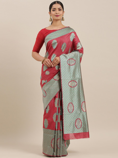 

Mitera Maroon & Silver-Toned Silk Blend Woven Design Banarasi Saree