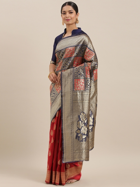 

Mitera Red & Navy Blue Silk Blend Woven Design Banarasi Saree
