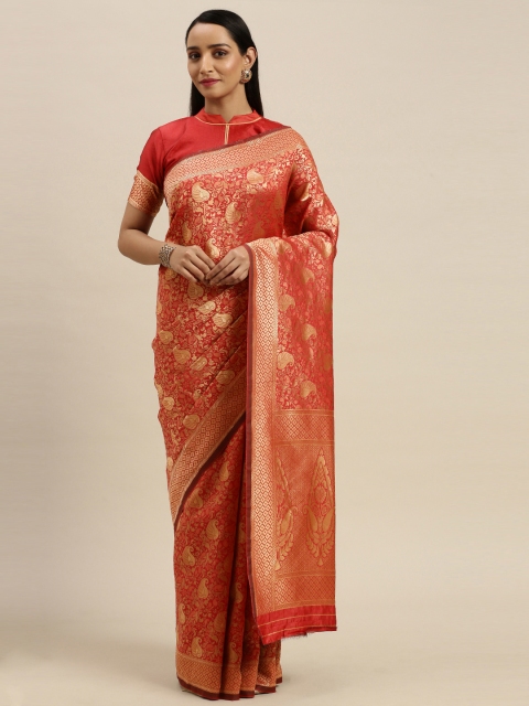 

Mitera Red & Gold-Toned Woven Design Banarasi Saree