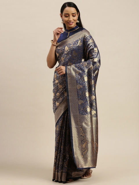 

Mitera Navy Blue & Gold-Toned Silk Blend Woven Design Banarasi Saree